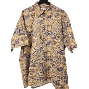 Pierre Cardin Men's XXL Beige Blue Hawaiian Print Short Sleeve‎ Cotton Shirt